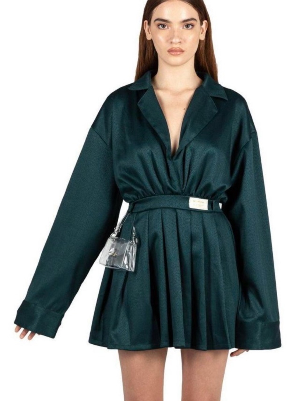 Dark Green Pleated Long-Sleeve Shirt Dress